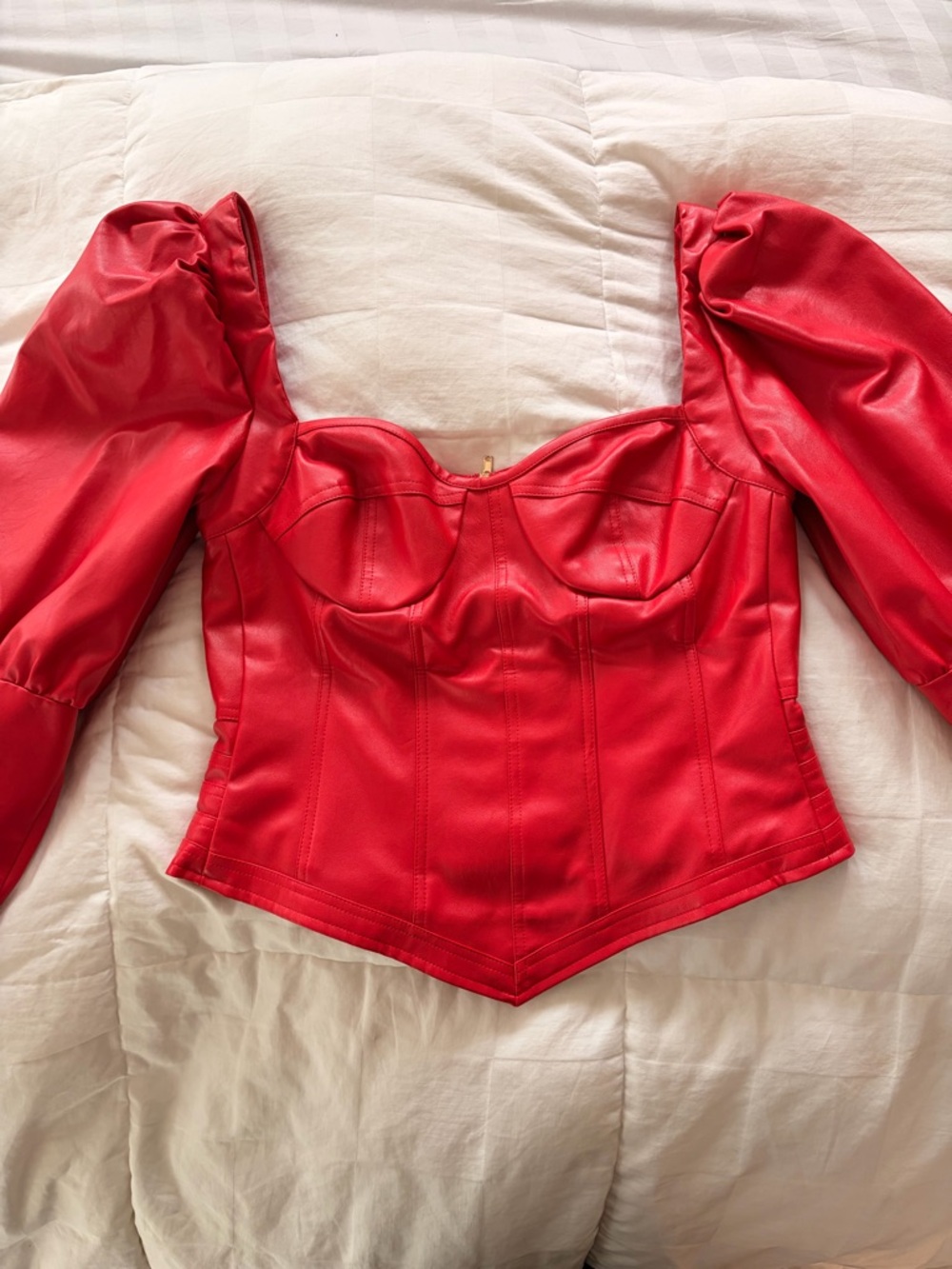 Red Faux-Leather Puff-Sleeve Corset Blouse